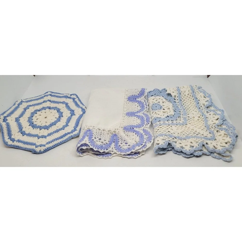 Vintage Set of 3 Crocheted Table Runner Placemat Potholder Blue White